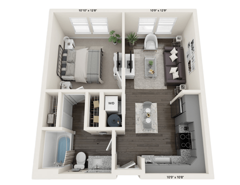 Floor plan for 1 bed, 1 bath, 543 sqft